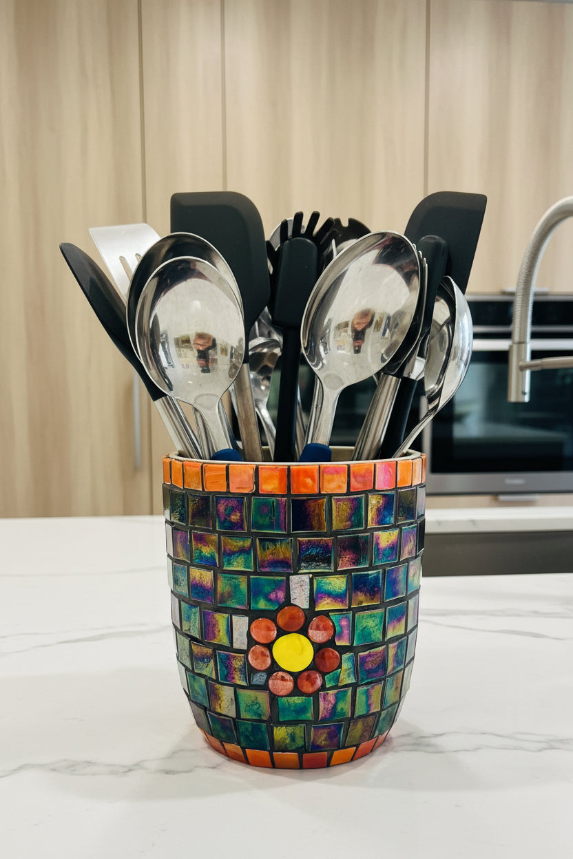 Black mosaic vase with red flowers