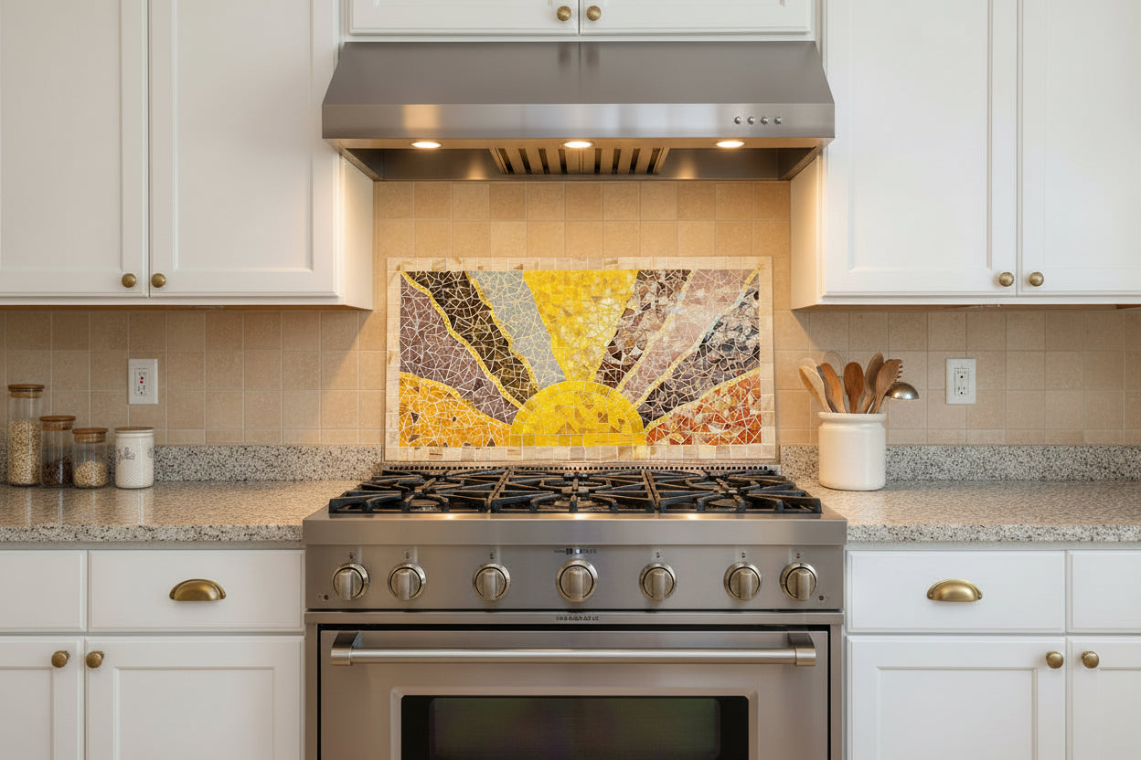 Mosaic artwork with a central yellow sunrise