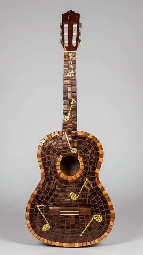 Mosaic guitar with decorative patterns